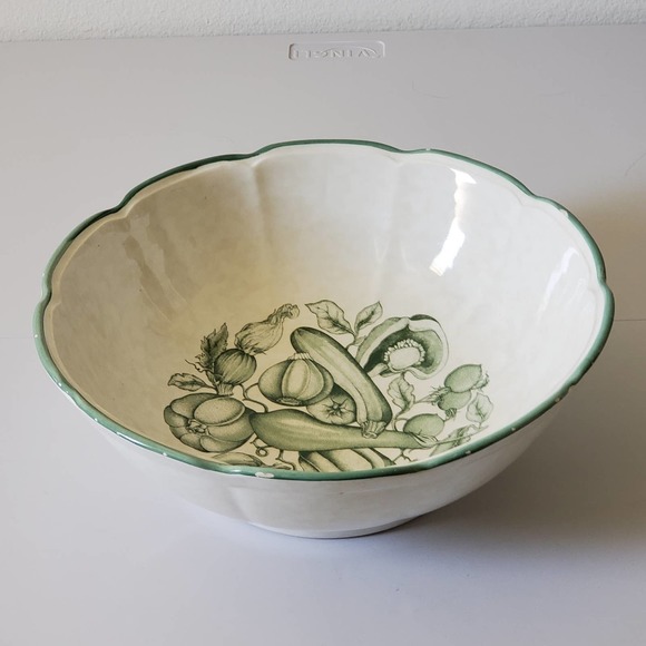 Garantito per Alimenti Vintage Pasta Serving Bowl Green White Hand Painted - Picture 3 of 16